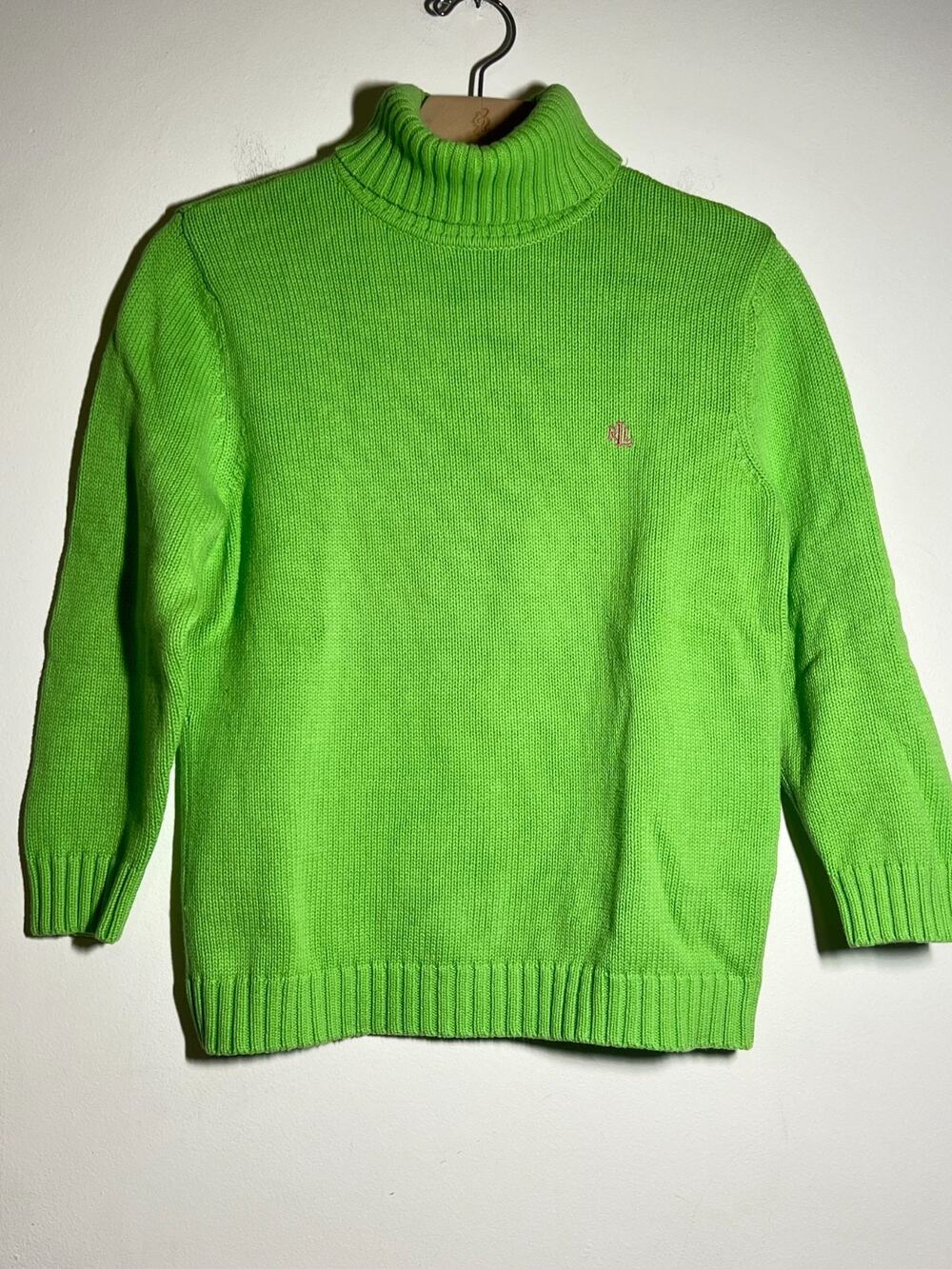 VTG Lauren Ralph Lauren Women EUC Green Pink Preppy Cotton Turtleneck Sweater M